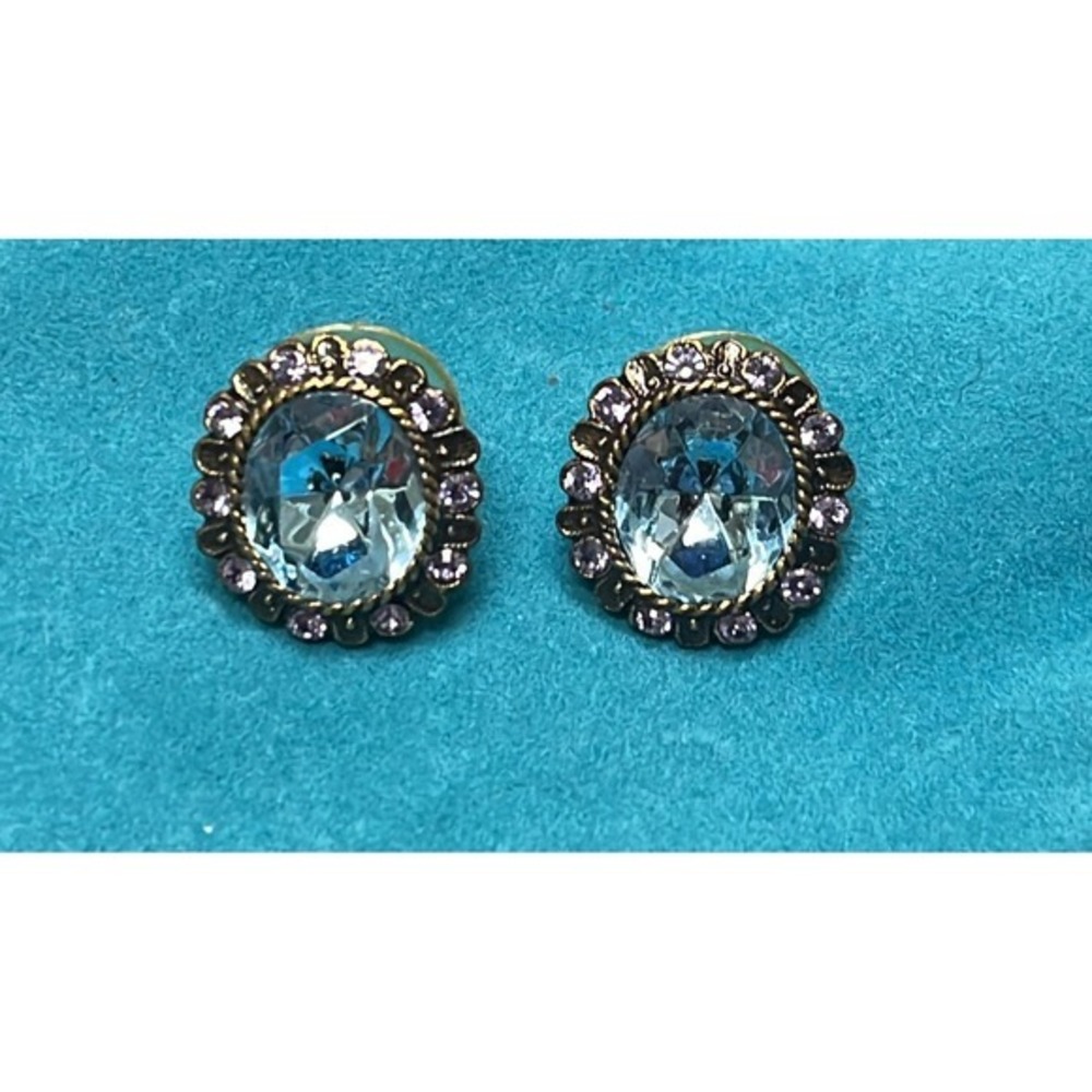 Vintage Style Blue Purple Crystal‎ Halo Stud Earrings Antiqued Gold Tone Oval